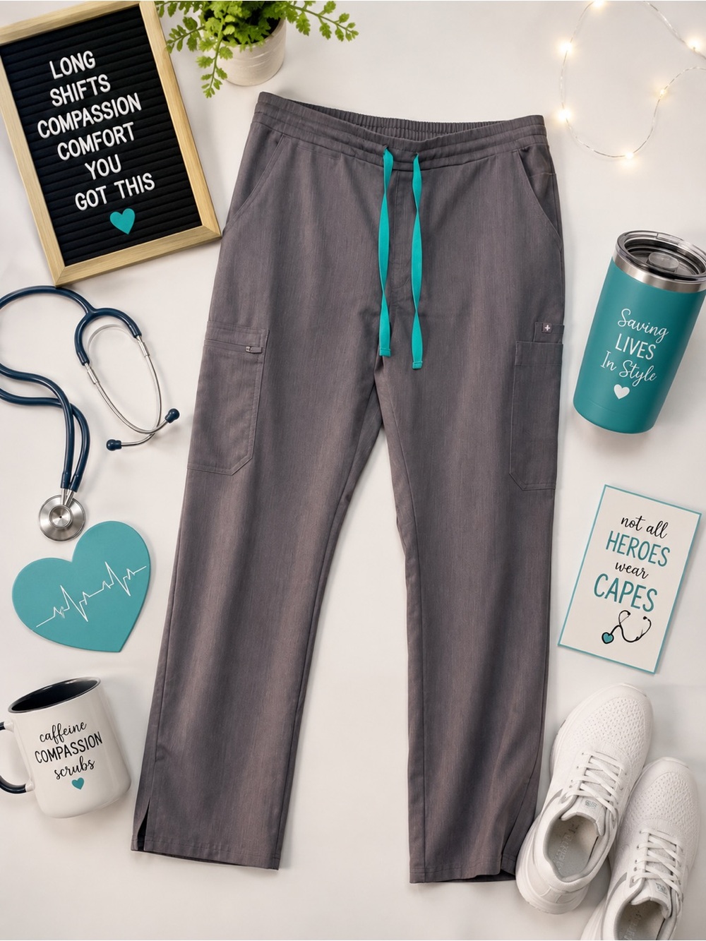 Figs Women’s Gray Scrub Jogger Pants with Teal Drawstring- Yola Skinny scrub - Picture 2 of 3